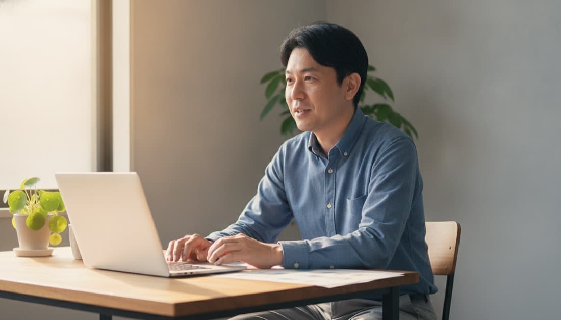 事務所でパソコンに向かって話しかけるだけで仕事を進める男性