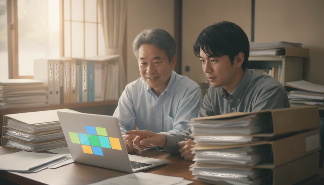 書類の山の横で、経営者とエンジニアが新しいシステムの画面を一緒に見ている様子