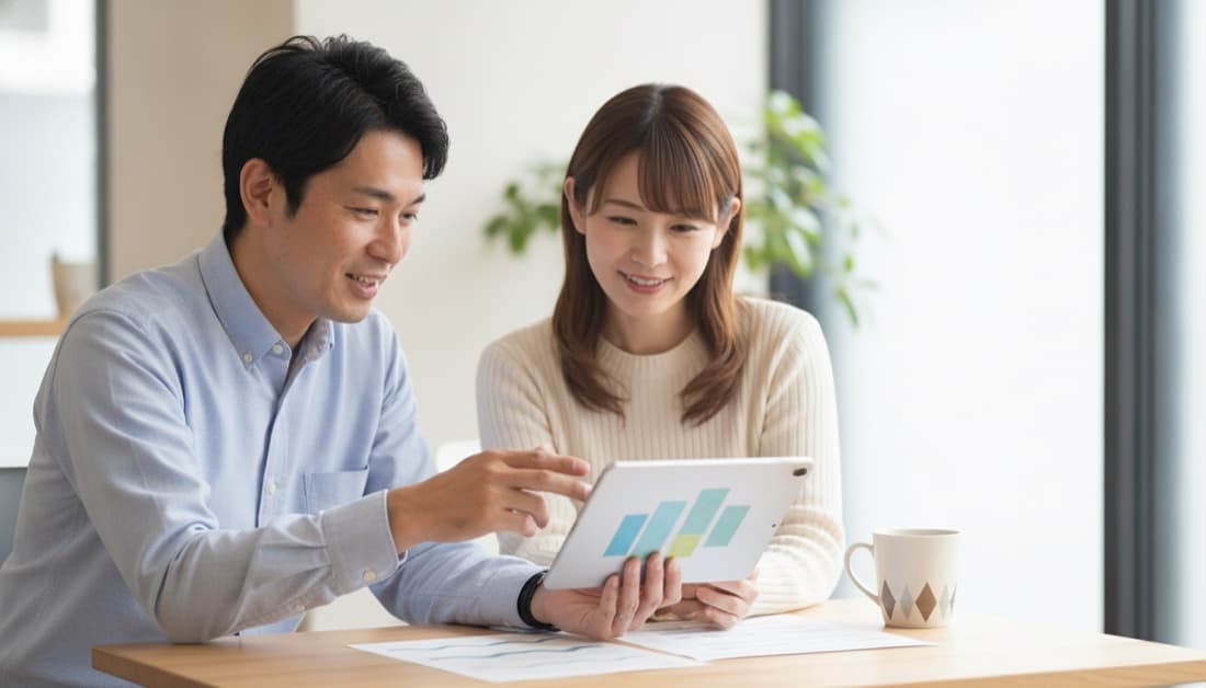 タブレットを見ながら改善の相談をする2人の社員